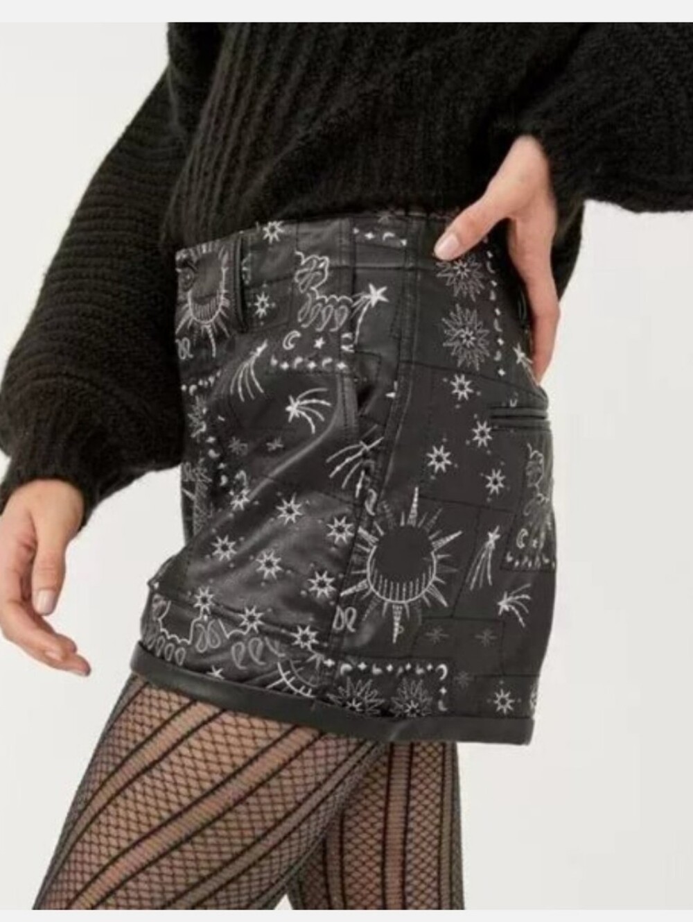 Free People Black Leather Moto embroidered shorts - Picture 3 of 5